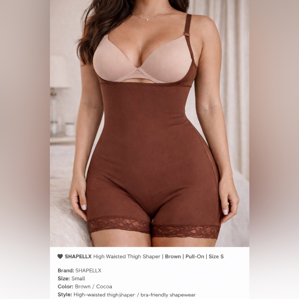 🤎 SHAPELLX High Waisted Thigh Shaper Bodysuit |‎ Brown | Pull-On | Size S